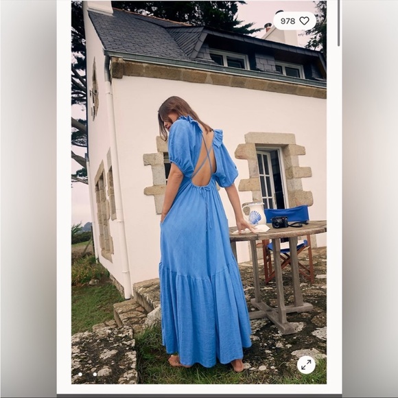 Free People Kaylyn Midi Dress Blue Open Back Short Puff Sleeve Midi Dress NWOT - Picture 11 of 11